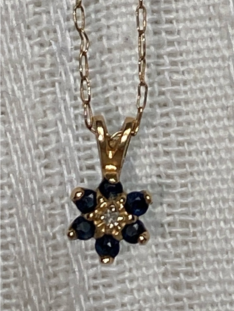 Vtg 10k Plumb Gold Sapphire & Diamond Flower Pendant Necklace, 21", Gtr J.M. Fox